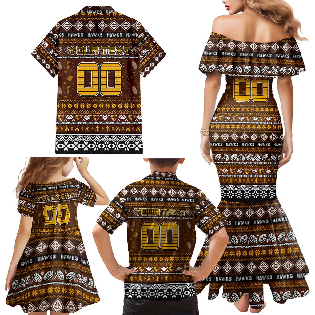 Personalized Hawks Rugby Xmas Family Matching Mermaid Dress and Hawaiian Shirt Australia AFL Mascot