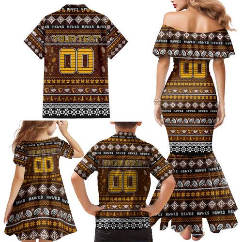 Personalized Hawks Rugby Xmas Family Matching Mermaid Dress and Hawaiian Shirt Australia AFL Mascot