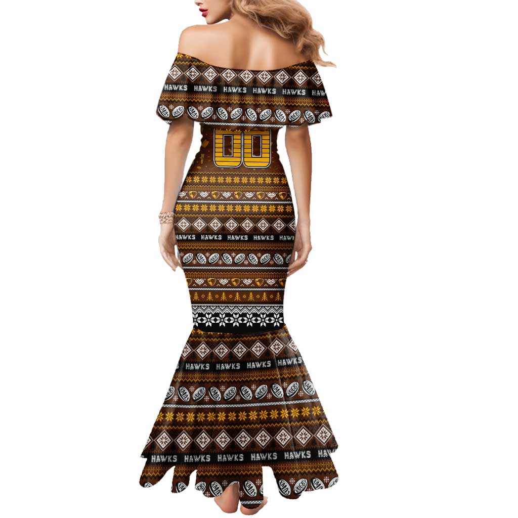 Personalized Hawks Rugby Xmas Family Matching Mermaid Dress and Hawaiian Shirt Australia AFL Mascot