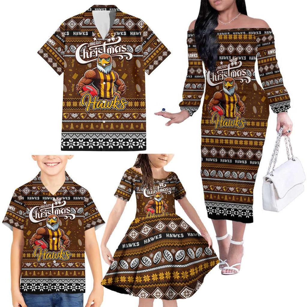 Personalized Hawks Rugby Xmas Family Matching Off The Shoulder Long Sleeve Dress and Hawaiian Shirt Australia AFL Mascot