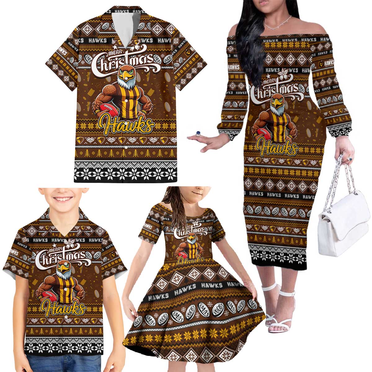 Personalized Hawks Rugby Xmas Family Matching Off The Shoulder Long Sleeve Dress and Hawaiian Shirt Australia AFL Mascot
