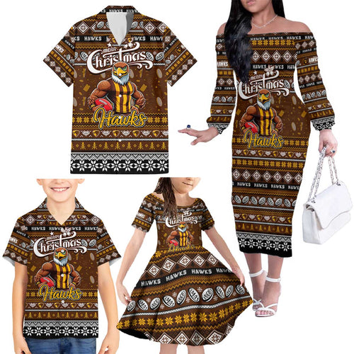 Personalized Hawks Rugby Xmas Family Matching Off The Shoulder Long Sleeve Dress and Hawaiian Shirt Australia AFL Mascot