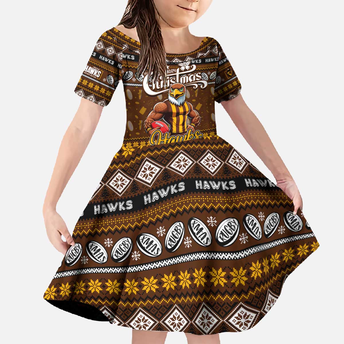 Personalized Hawks Rugby Xmas Family Matching Off The Shoulder Long Sleeve Dress and Hawaiian Shirt Australia AFL Mascot
