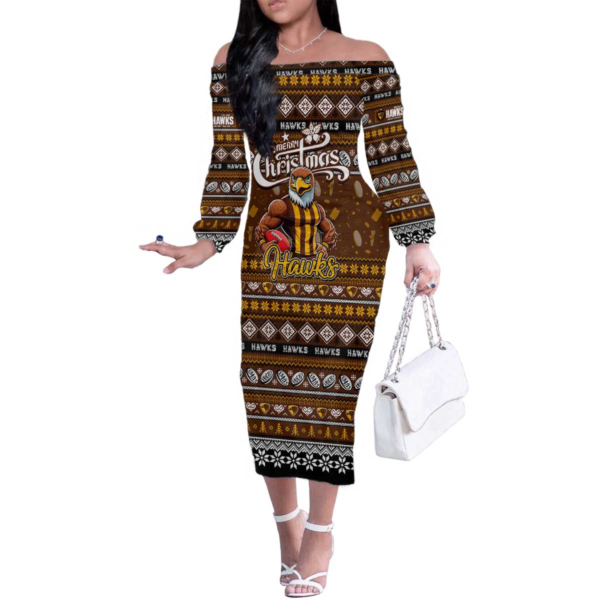 Personalized Hawks Rugby Xmas Family Matching Off The Shoulder Long Sleeve Dress and Hawaiian Shirt Australia AFL Mascot