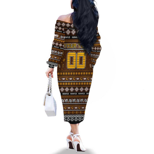 Personalized Hawks Rugby Xmas Family Matching Off The Shoulder Long Sleeve Dress and Hawaiian Shirt Australia AFL Mascot