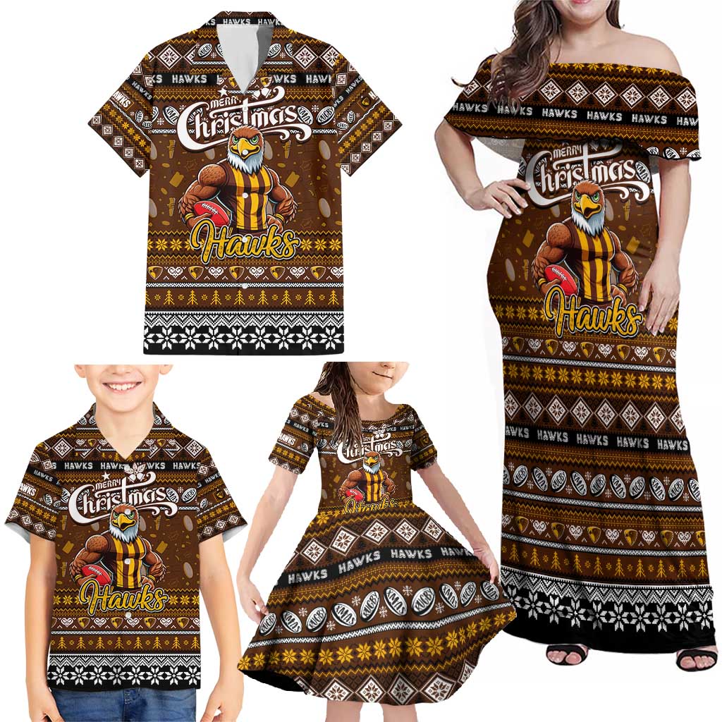 Personalized Hawks Rugby Xmas Family Matching Off Shoulder Maxi Dress and Hawaiian Shirt Australia AFL Mascot