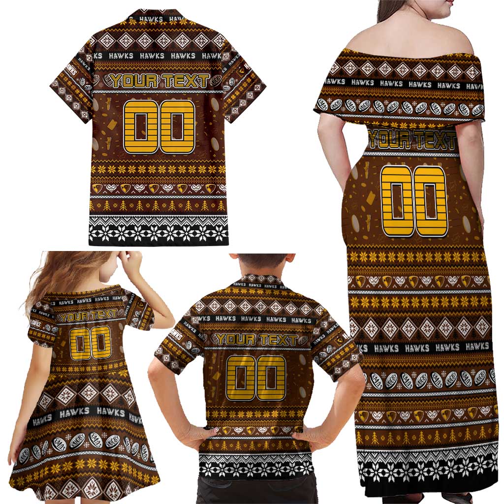 Personalized Hawks Rugby Xmas Family Matching Off Shoulder Maxi Dress and Hawaiian Shirt Australia AFL Mascot