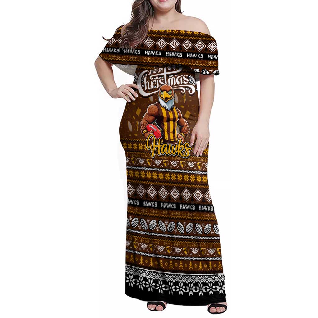 Personalized Hawks Rugby Xmas Family Matching Off Shoulder Maxi Dress and Hawaiian Shirt Australia AFL Mascot