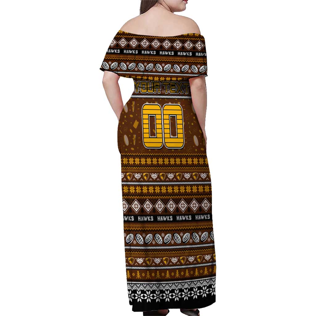 Personalized Hawks Rugby Xmas Family Matching Off Shoulder Maxi Dress and Hawaiian Shirt Australia AFL Mascot