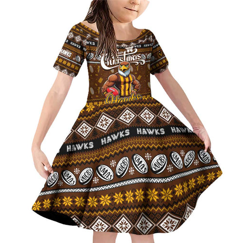 Personalized Hawks Rugby Xmas Family Matching Off Shoulder Short Dress and Hawaiian Shirt Australia AFL Mascot