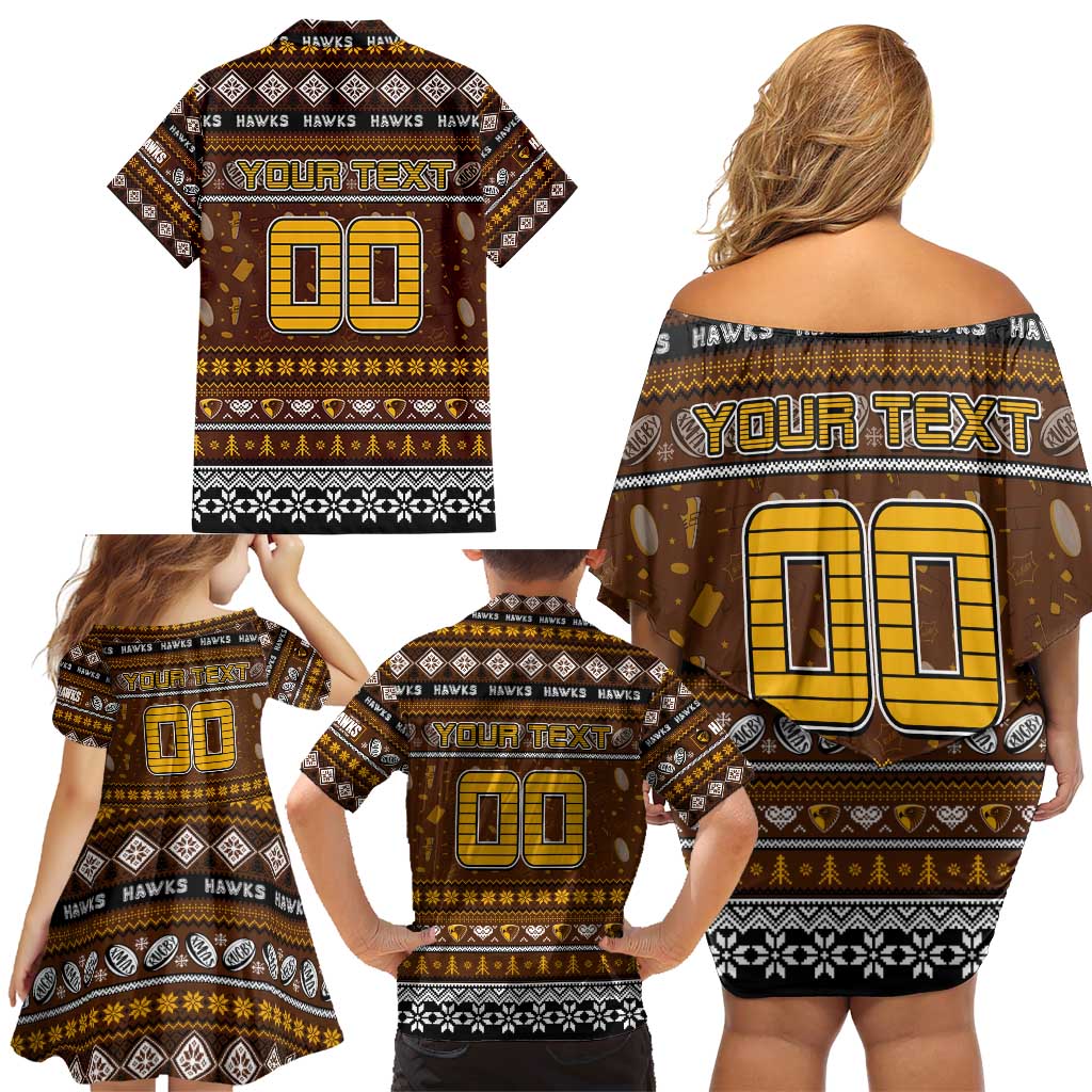 Personalized Hawks Rugby Xmas Family Matching Off Shoulder Short Dress and Hawaiian Shirt Australia AFL Mascot