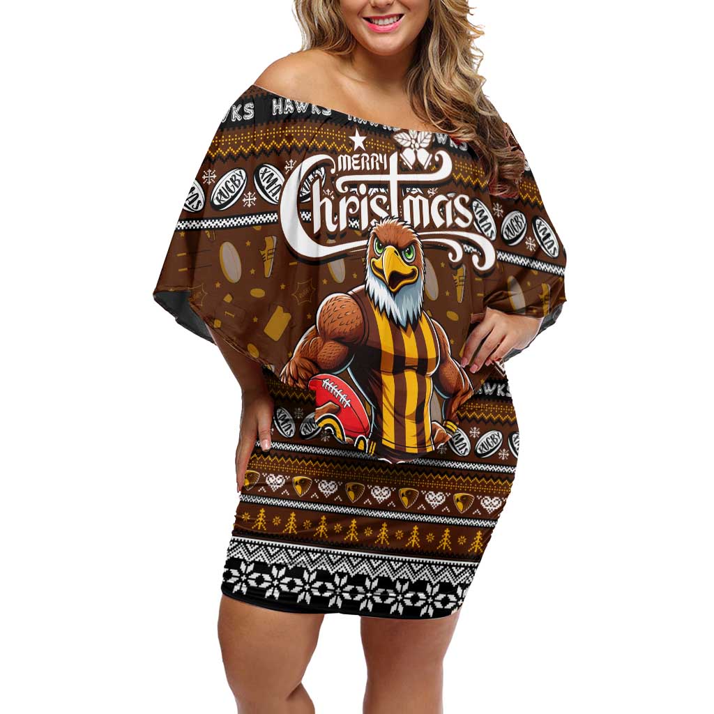 Personalized Hawks Rugby Xmas Family Matching Off Shoulder Short Dress and Hawaiian Shirt Australia AFL Mascot