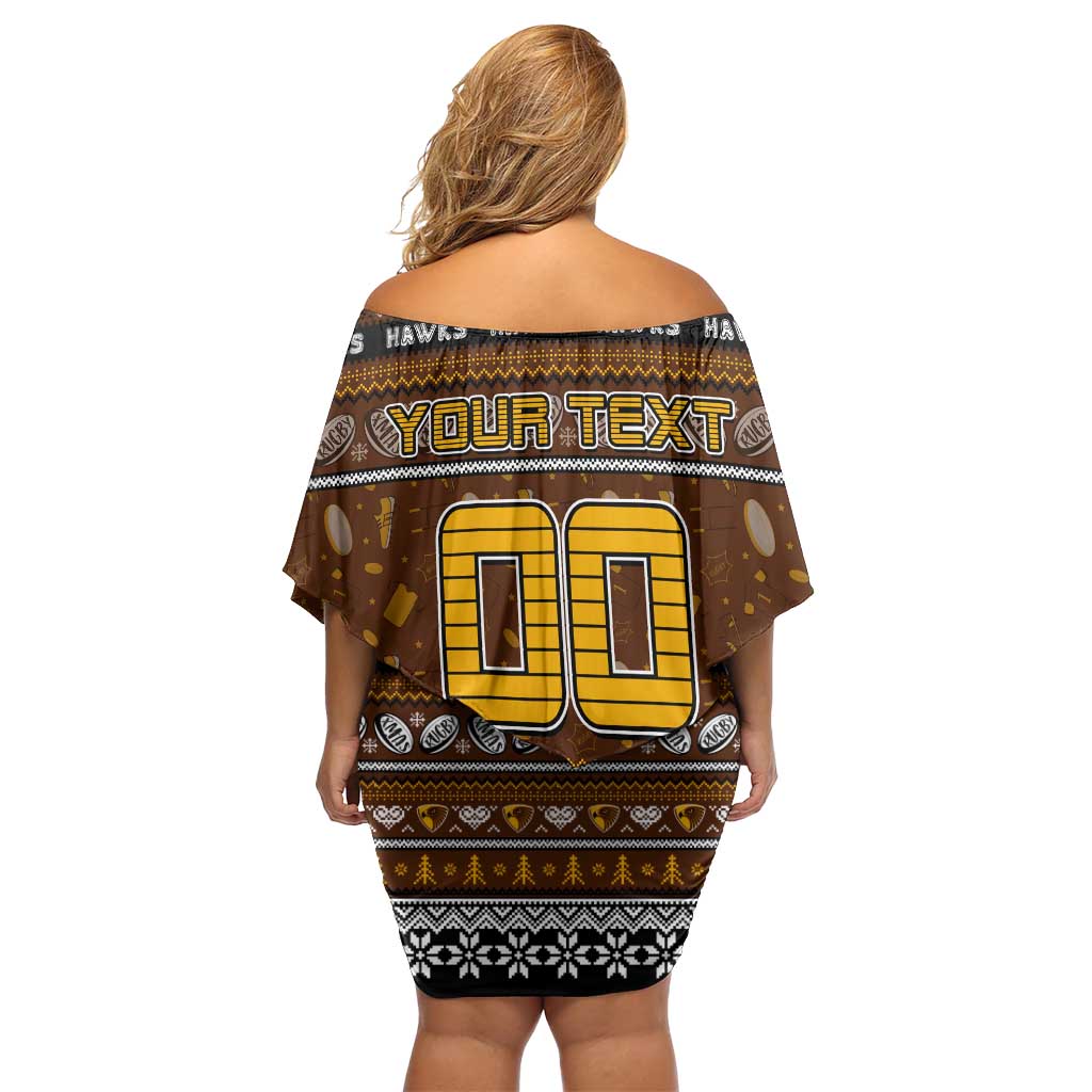 Personalized Hawks Rugby Xmas Family Matching Off Shoulder Short Dress and Hawaiian Shirt Australia AFL Mascot