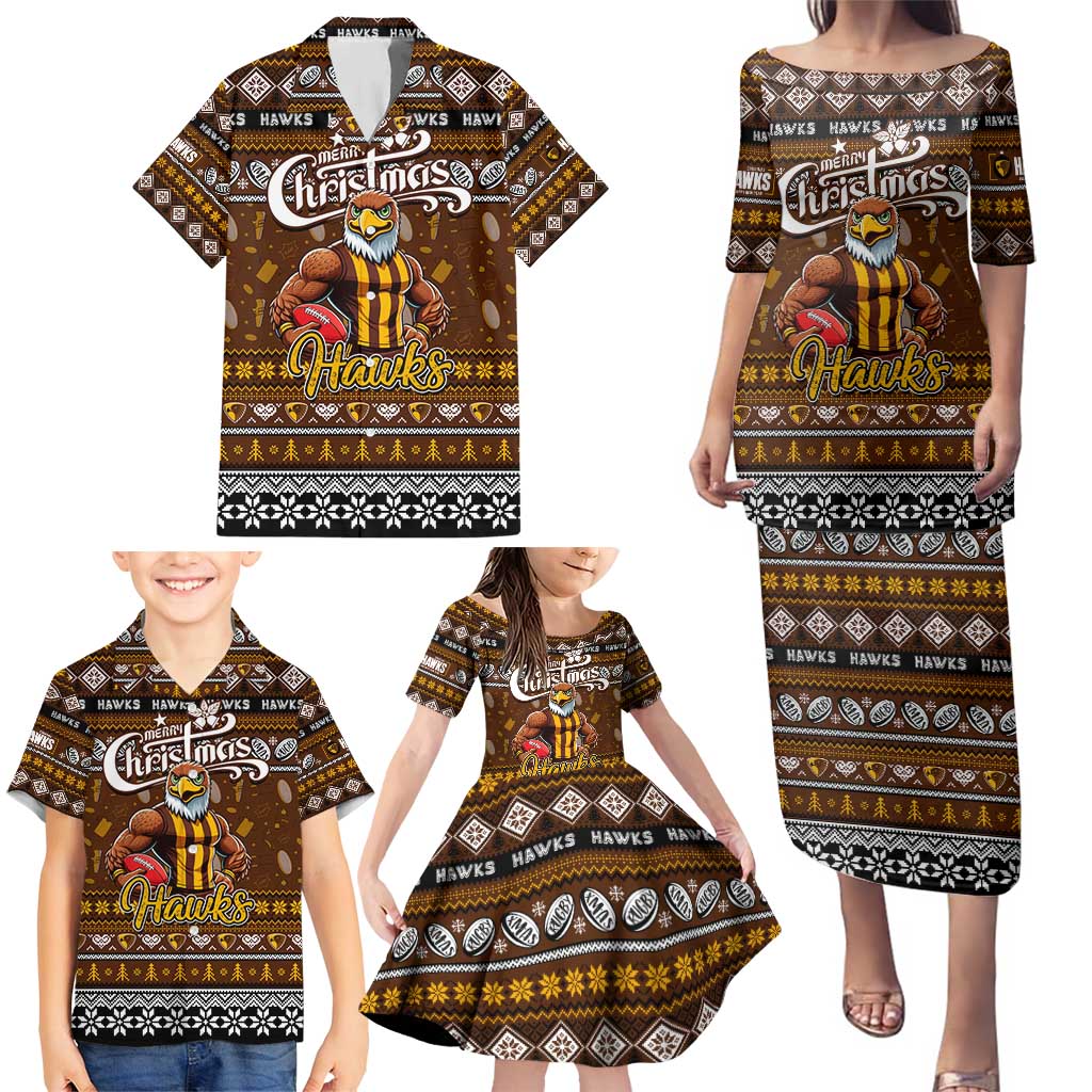 Personalized Hawks Rugby Xmas Family Matching Puletasi and Hawaiian Shirt Australia AFL Mascot
