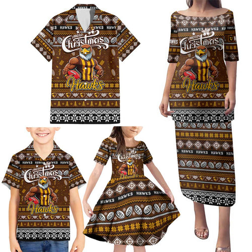 Personalized Hawks Rugby Xmas Family Matching Puletasi and Hawaiian Shirt Australia AFL Mascot