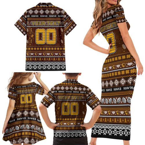 Personalized Hawks Rugby Xmas Family Matching Short Sleeve Bodycon Dress and Hawaiian Shirt Australia AFL Mascot