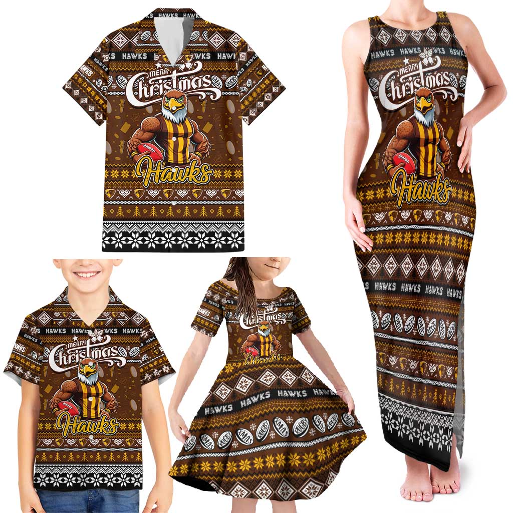 Personalized Hawks Rugby Xmas Family Matching Tank Maxi Dress and Hawaiian Shirt Australia AFL Mascot