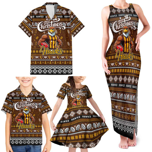 Personalized Hawks Rugby Xmas Family Matching Tank Maxi Dress and Hawaiian Shirt Australia AFL Mascot