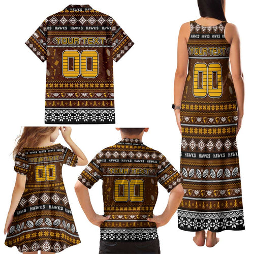 Personalized Hawks Rugby Xmas Family Matching Tank Maxi Dress and Hawaiian Shirt Australia AFL Mascot