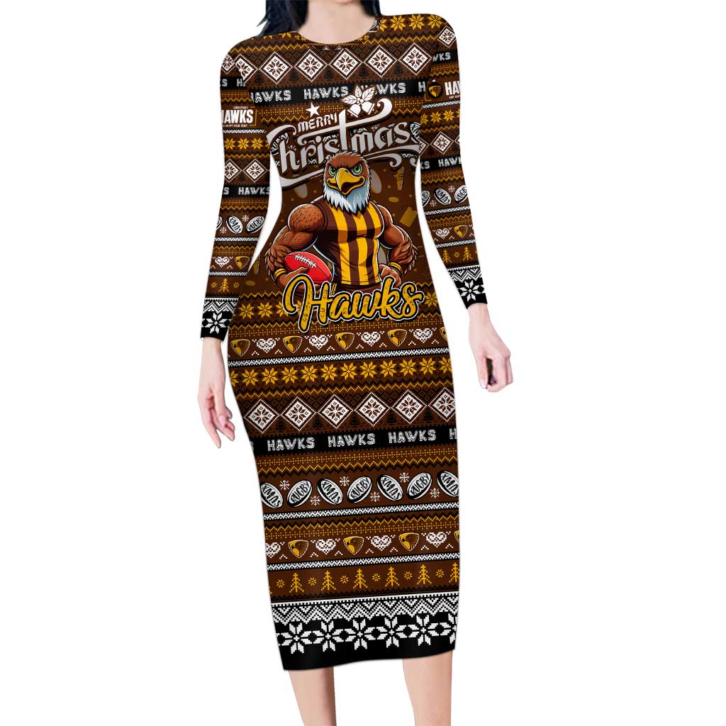 Personalized Hawks Rugby Xmas Long Sleeve Bodycon Dress Australia AFL Mascot