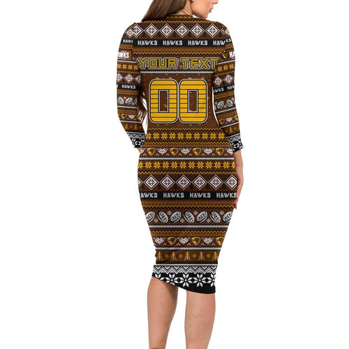 Personalized Hawks Rugby Xmas Long Sleeve Bodycon Dress Australia AFL Mascot