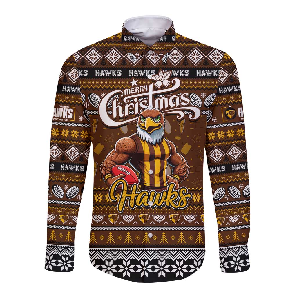 Personalized Hawks Rugby Xmas Long Sleeve Button Shirt Australia AFL Mascot