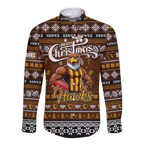 Personalized Hawks Rugby Xmas Long Sleeve Button Shirt Australia AFL Mascot