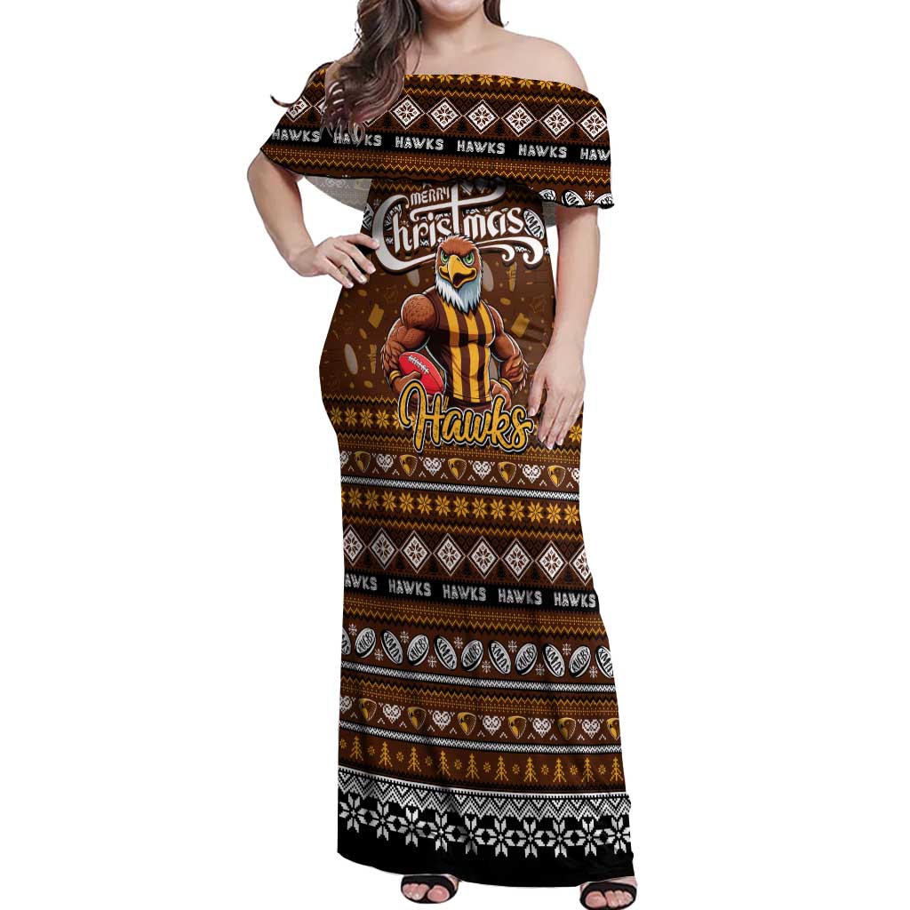 Personalized Hawks Rugby Xmas Off Shoulder Maxi Dress Australia AFL Mascot