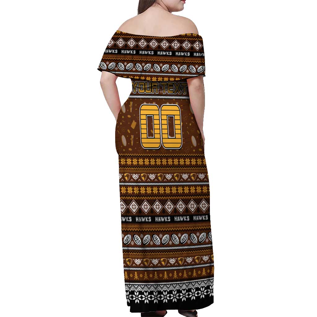 Personalized Hawks Rugby Xmas Off Shoulder Maxi Dress Australia AFL Mascot