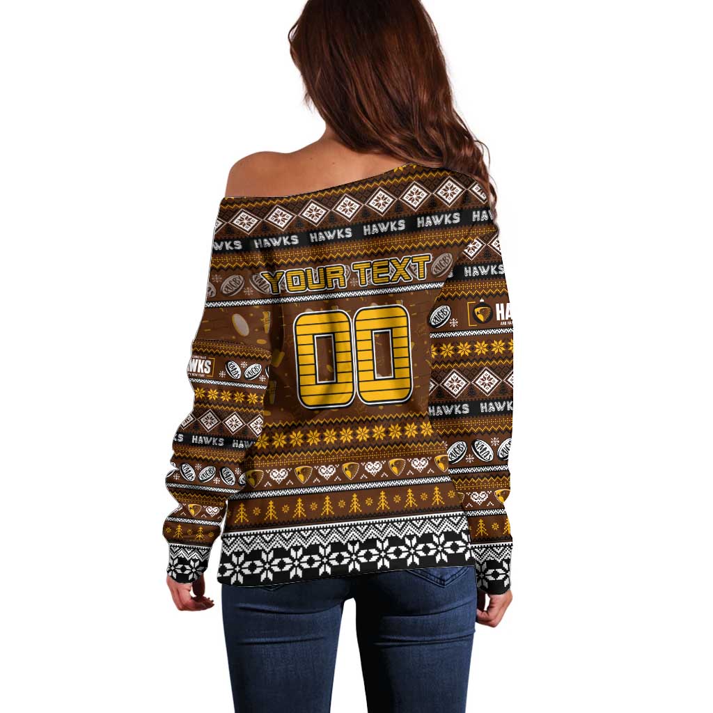 Personalized Hawks Rugby Xmas Off Shoulder Sweater Australia AFL Mascot