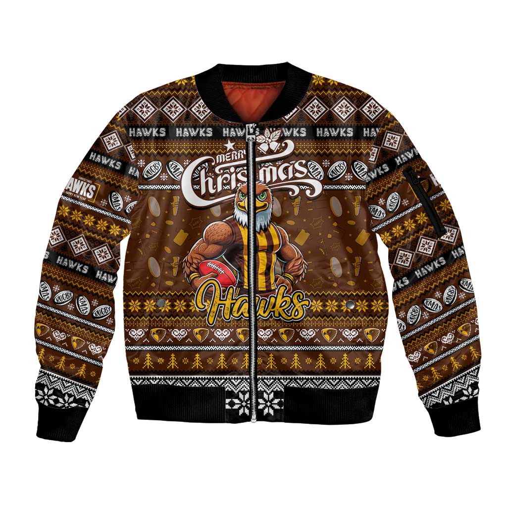 Personalized Hawks Rugby Xmas Sleeve Zip Bomber Jacket Australia AFL Mascot