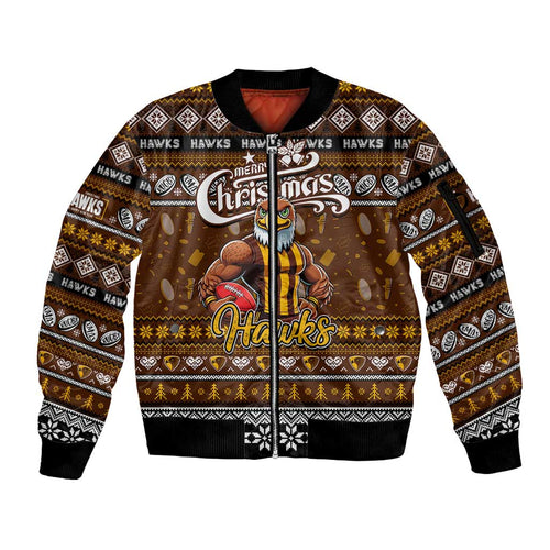 Personalized Hawks Rugby Xmas Sleeve Zip Bomber Jacket Australia AFL Mascot
