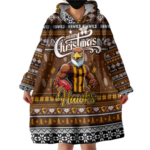 Personalized Hawks Rugby Xmas Wearable Blanket Hoodie Australia AFL Mascot