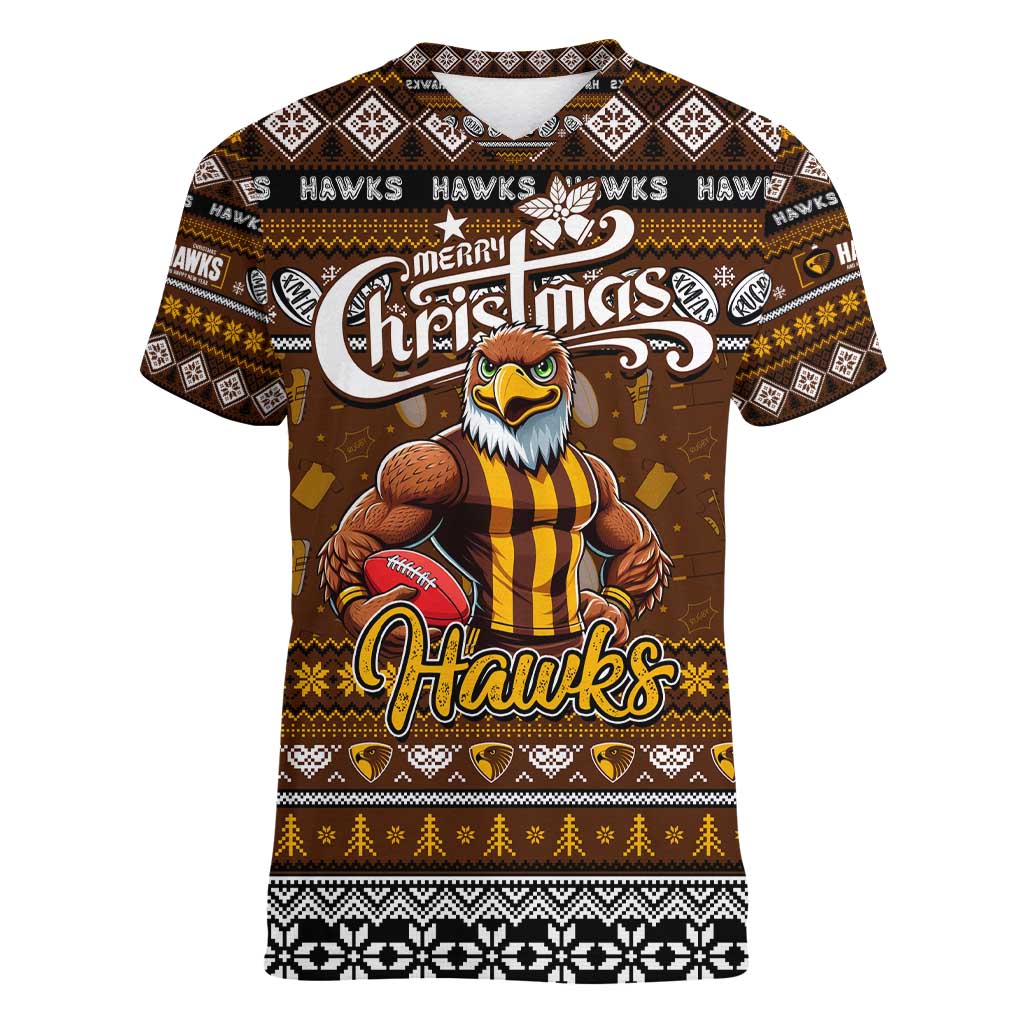 Personalized Hawks Rugby Xmas Women V-Neck T-Shirt Australia AFL Mascot