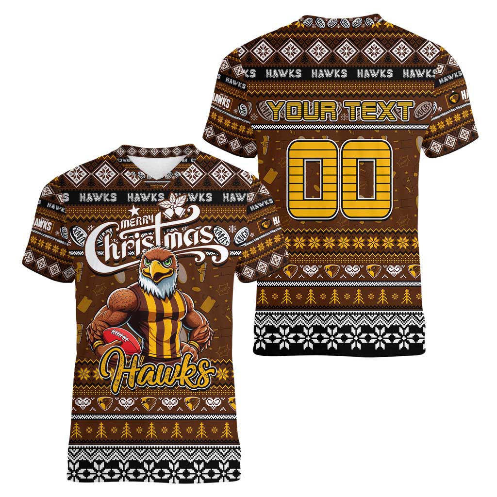 Personalized Hawks Rugby Xmas Women V-Neck T-Shirt Australia AFL Mascot