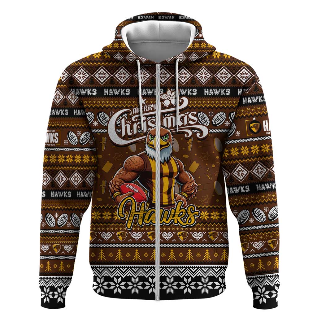 Personalized Hawks Rugby Xmas Zip Hoodie Australia AFL Mascot