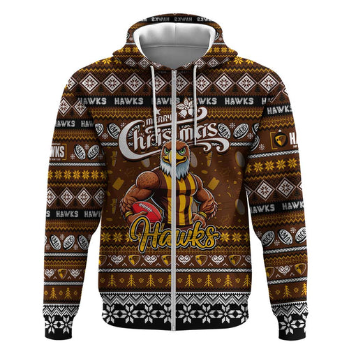 Personalized Hawks Rugby Xmas Zip Hoodie Australia AFL Mascot