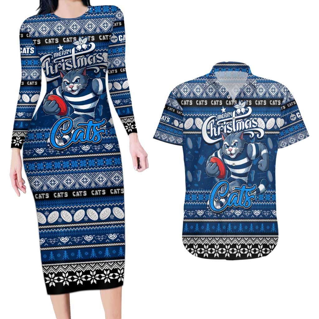 Personalized Cats Rugby Xmas Couples Matching Long Sleeve Bodycon Dress and Hawaiian Shirt Australia AFL Mascot