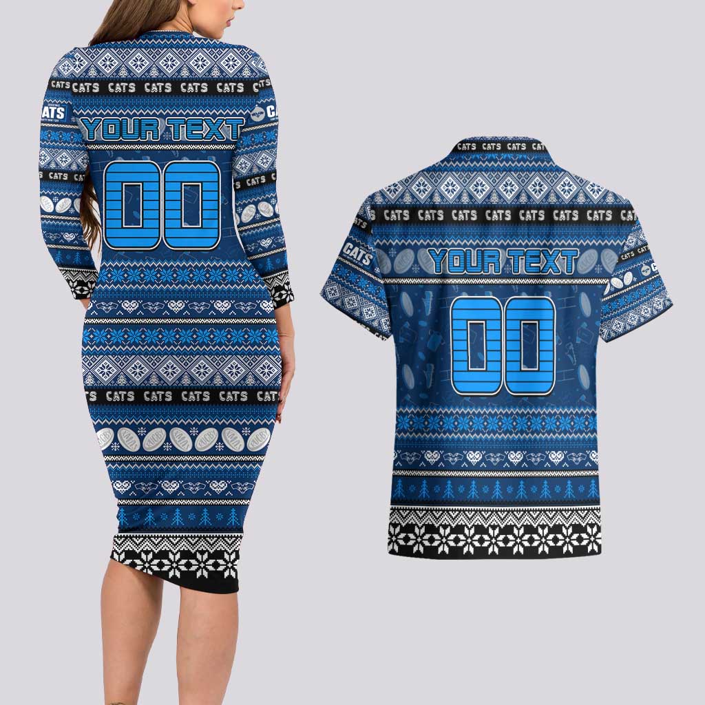 Personalized Cats Rugby Xmas Couples Matching Long Sleeve Bodycon Dress and Hawaiian Shirt Australia AFL Mascot