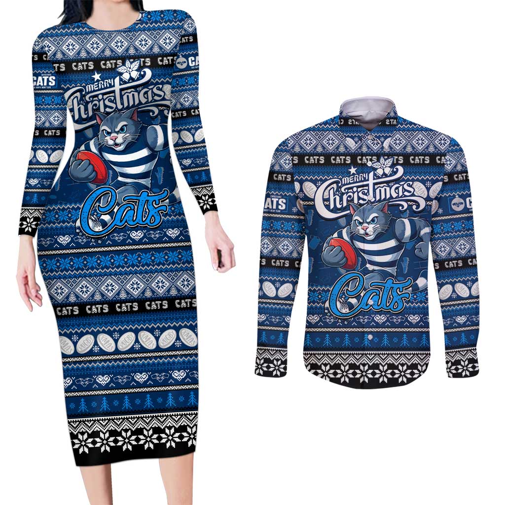 Personalized Cats Rugby Xmas Couples Matching Long Sleeve Bodycon Dress and Long Sleeve Button Shirt Australia AFL Mascot