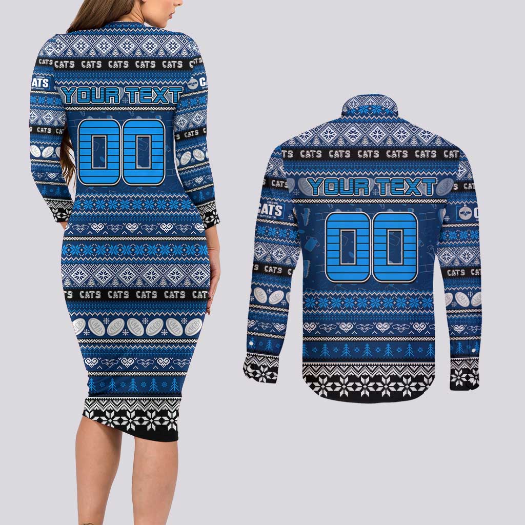 Personalized Cats Rugby Xmas Couples Matching Long Sleeve Bodycon Dress and Long Sleeve Button Shirt Australia AFL Mascot