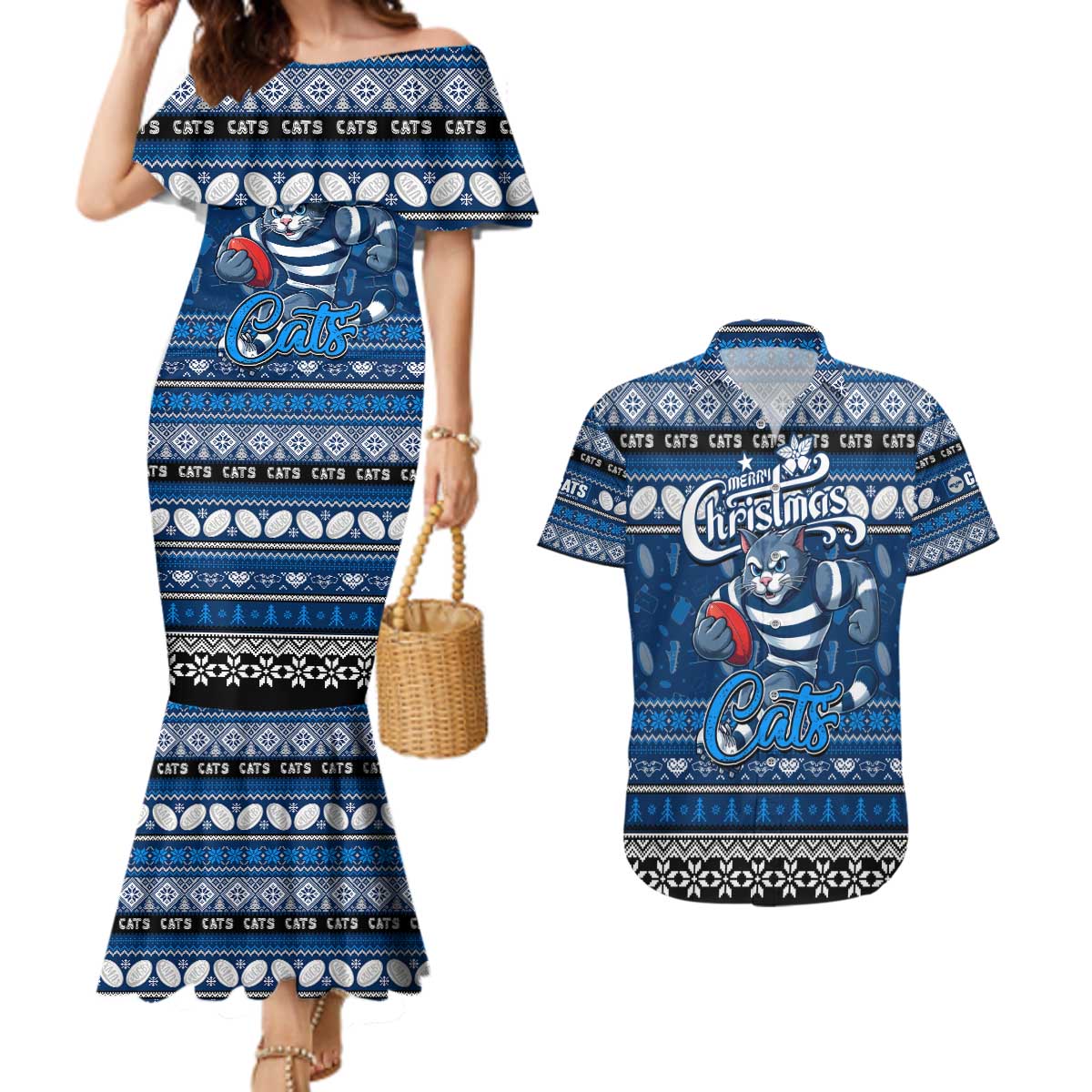 Personalized Cats Rugby Xmas Couples Matching Mermaid Dress and Hawaiian Shirt Australia AFL Mascot