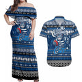 Personalized Cats Rugby Xmas Couples Matching Off Shoulder Maxi Dress and Hawaiian Shirt Australia AFL Mascot