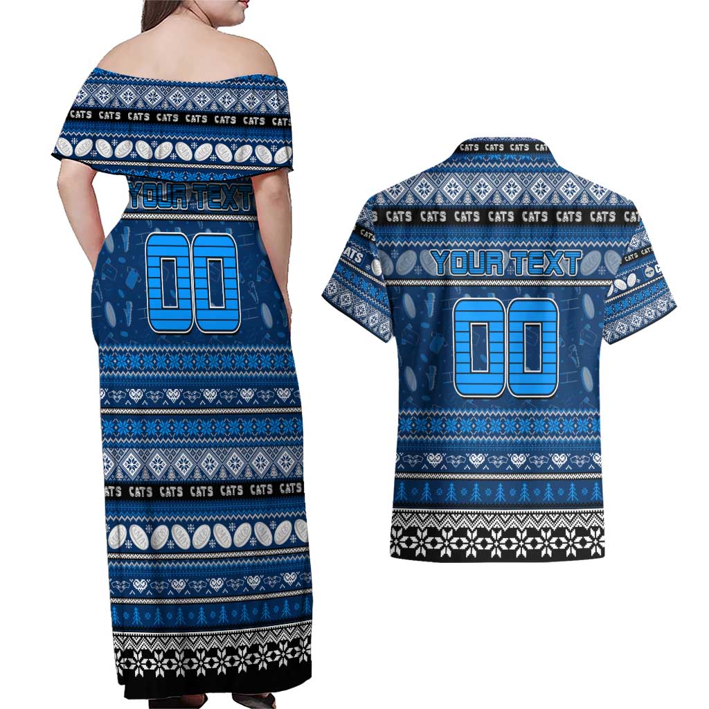 Personalized Cats Rugby Xmas Couples Matching Off Shoulder Maxi Dress and Hawaiian Shirt Australia AFL Mascot
