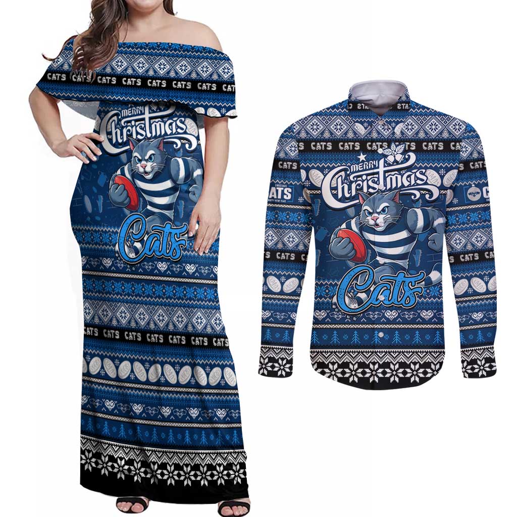 Personalized Cats Rugby Xmas Couples Matching Off Shoulder Maxi Dress and Long Sleeve Button Shirt Australia AFL Mascot