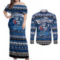 Personalized Cats Rugby Xmas Couples Matching Off Shoulder Maxi Dress and Long Sleeve Button Shirt Australia AFL Mascot
