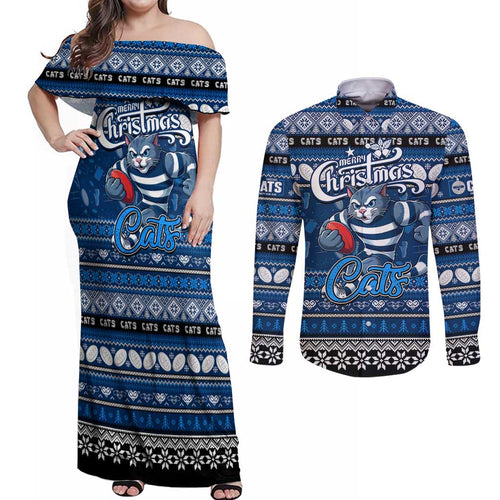 Personalized Cats Rugby Xmas Couples Matching Off Shoulder Maxi Dress and Long Sleeve Button Shirt Australia AFL Mascot