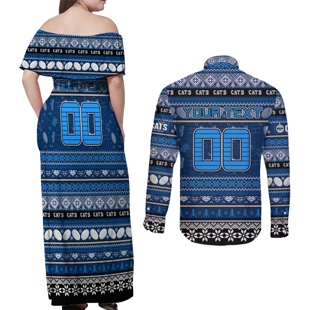 Personalized Cats Rugby Xmas Couples Matching Off Shoulder Maxi Dress and Long Sleeve Button Shirt Australia AFL Mascot