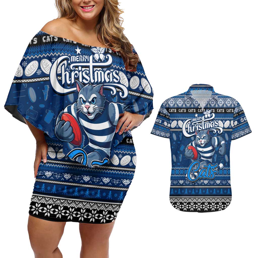 Personalized Cats Rugby Xmas Couples Matching Off Shoulder Short Dress and Hawaiian Shirt Australia AFL Mascot