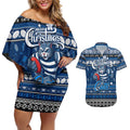 Personalized Cats Rugby Xmas Couples Matching Off Shoulder Short Dress and Hawaiian Shirt Australia AFL Mascot